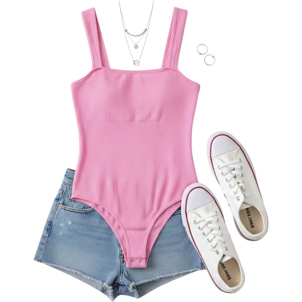 OQQ Womens Ribbed Square Neck Bodysuit Pink Sleeveless Tank Top XXL